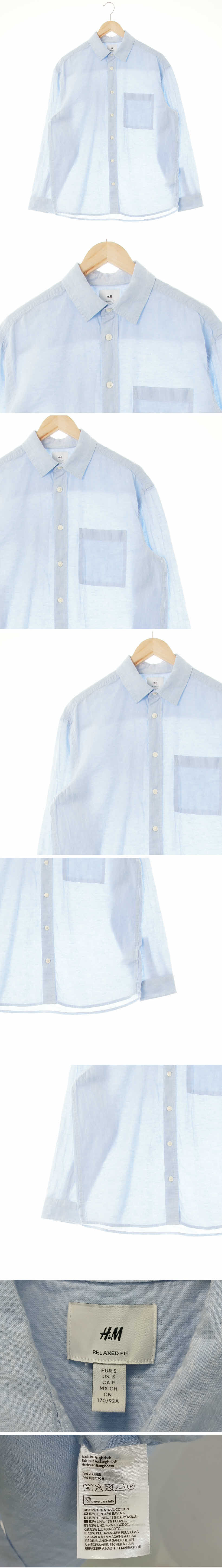 h&m 포켓사이드플리츠셔츠 h&m 라이트블루 린넨혼방 포켓사이드플리츠셔츠