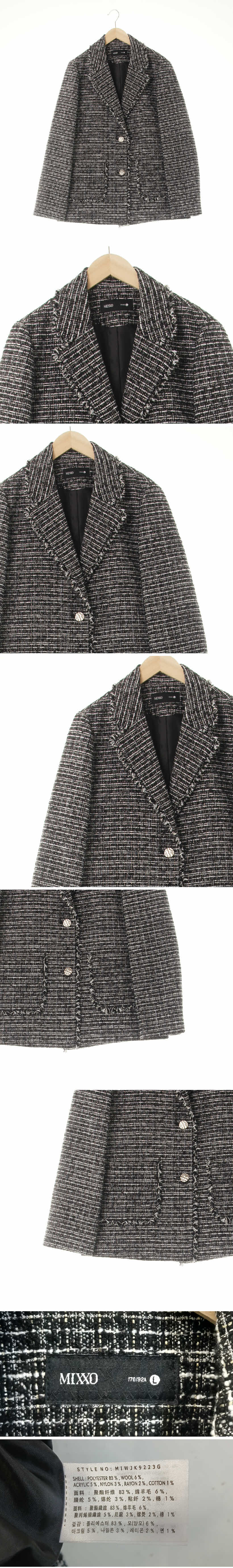 mixxo 블랙 체크 울혼방 프린지트위드블레이저