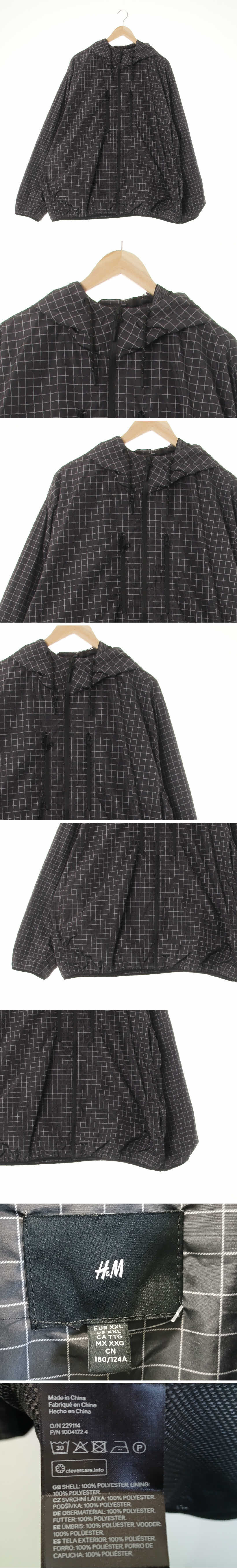 h&m 하이넥방풍후드자켓 h&m 다크차콜 체크 하이넥방풍후드자켓
