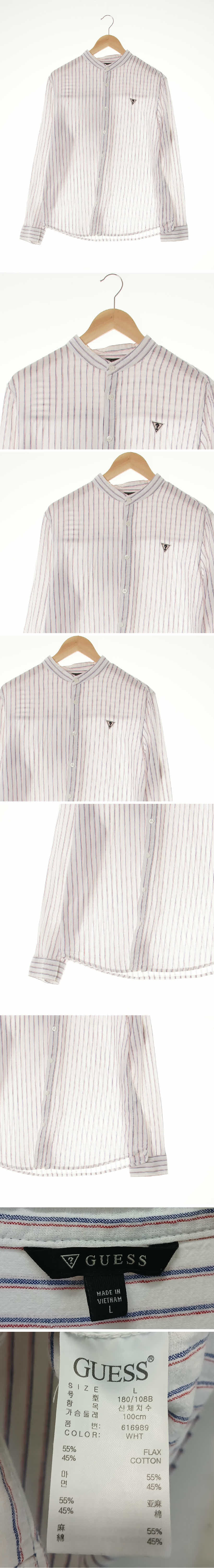 Guess 헨리넥퀘스천로고셔츠 Guess 화이트빈티지네이비 스트라이프 린넨혼방 헨리넥퀘스천로고셔츠