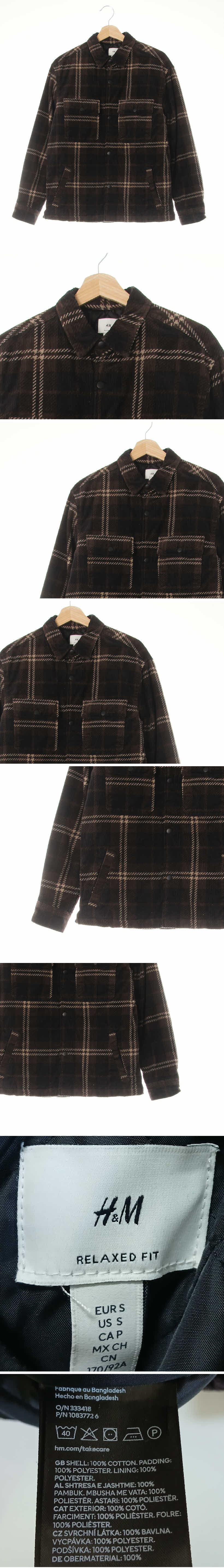 h&m 라이트셔츠형패딩자켓 h&m 딥커피브라운블랙 체크 골덴 라이트셔츠형패딩자켓