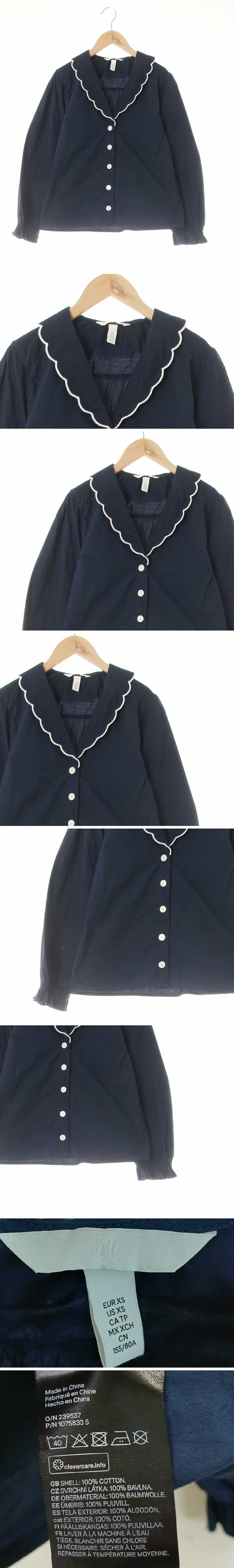 h&m 물결카라소매셔링블라우스 h&m 네이비 면 물결카라소매셔링블라우스