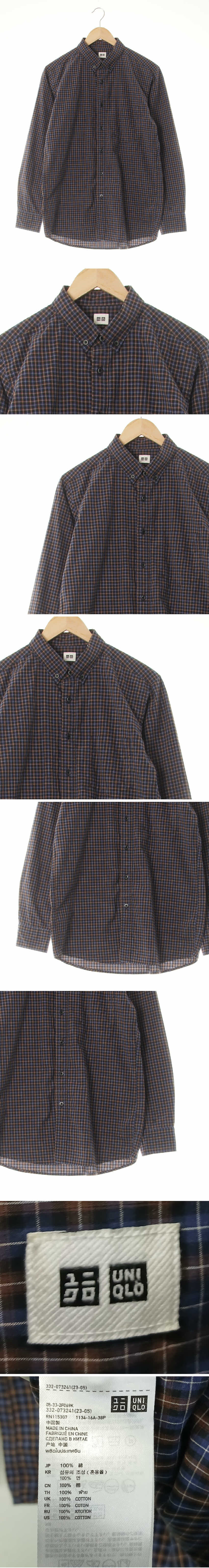 유니클로 초콜릿브라운퍼플 체크 면 클래식긴팔셔츠