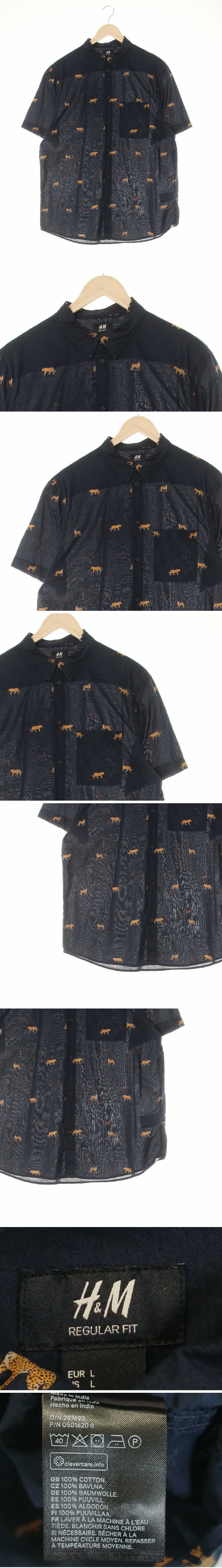 h&m 네이비 치타패턴 면 반팔싱글포켓셔츠