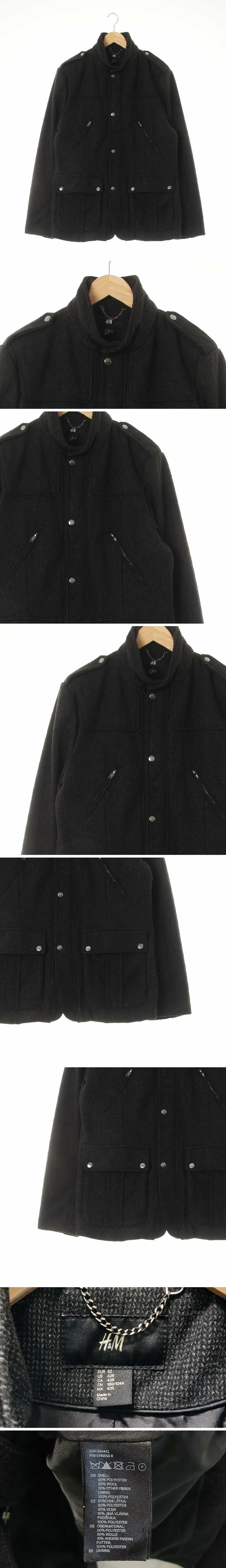h&m 모크넥견장하프코트 h&m 다크차콜 체크 울혼방 모크넥견장하프코트