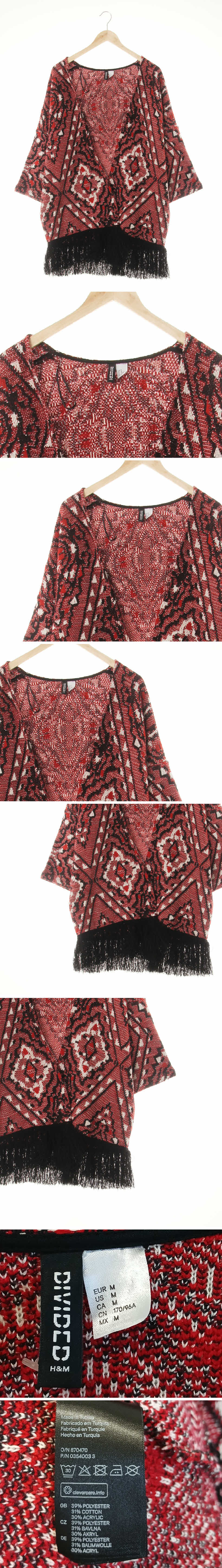 h&m 레드페어블랙 에스닉자카드패턴 면혼방 보헤미안오픈형프린지가디건