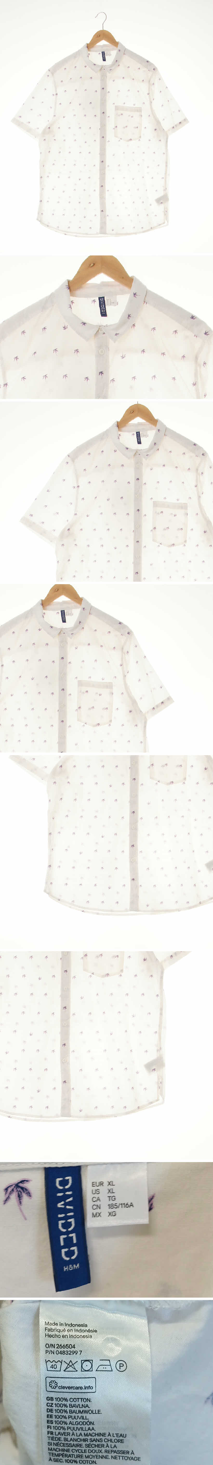 h&m 화이트 야자수패턴 면 포켓반팔셔츠