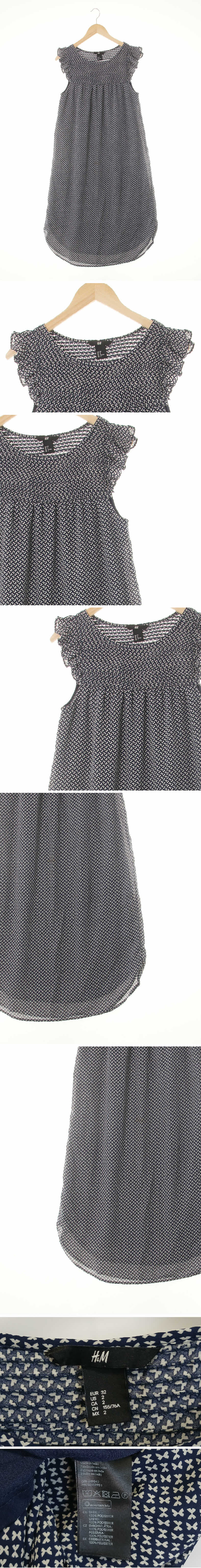 h&m 네이비 리본패턴 프릴캡슬리브원피스