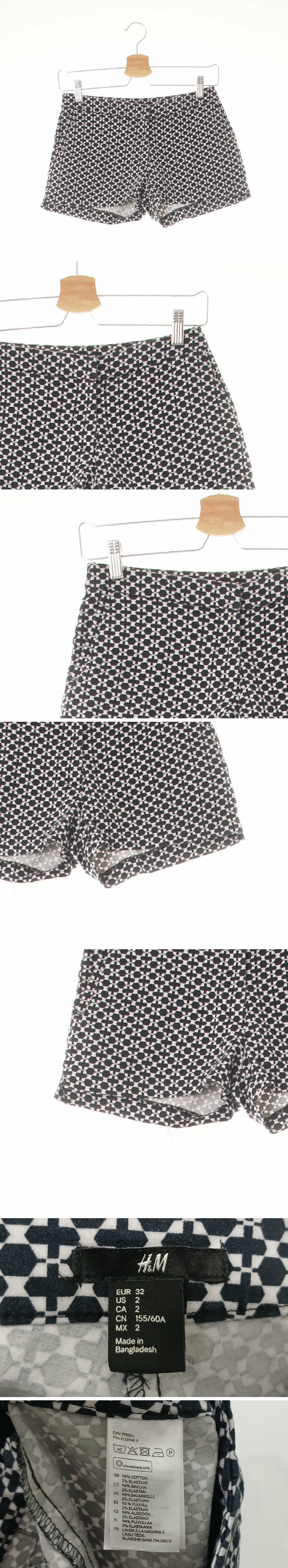 h&m 블랙 육각형십자패턴 면혼방 스트레치숏팬츠