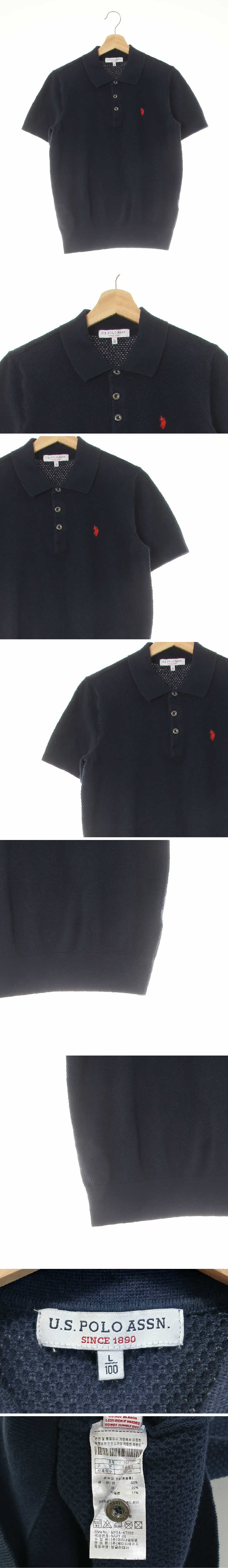 uspoloassn 자수로고와플반소매카라니트 uspoloassn 네이비 린넨혼방 자수로고와플반소매카라니트