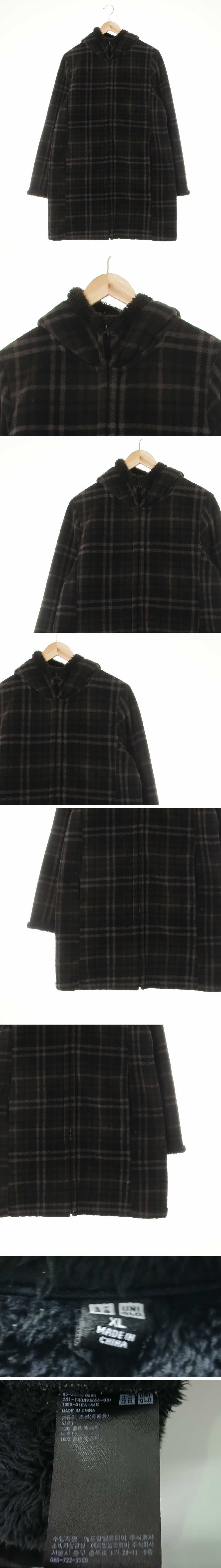 유니클로 하이넥플리스롱후드자켓 유니클로 다크올리브브랜치그린블랙 체크 하이넥플리스롱후드자켓