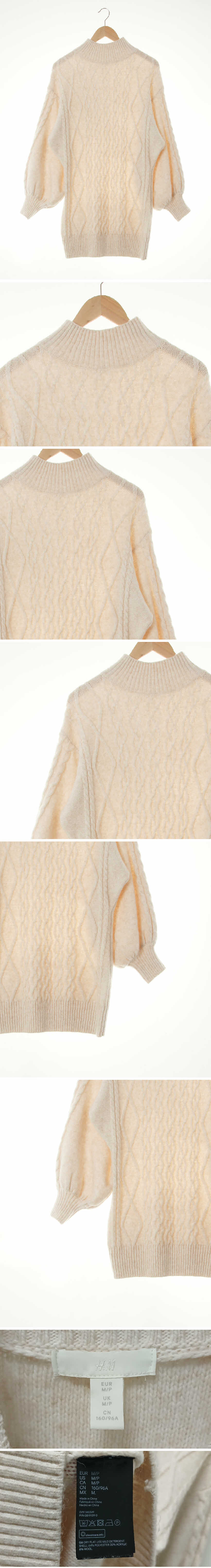 h&m 퍼프슬리브하이넥니트원피스 h&m 아이보리 울혼방 퍼프슬리브하이넥니트원피스