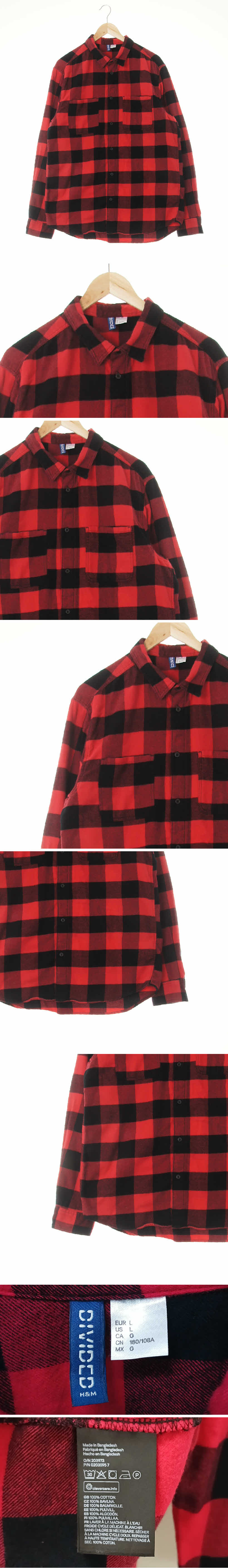 h&m 레드블랙 체크 면 더블포켓웜루즈셔츠