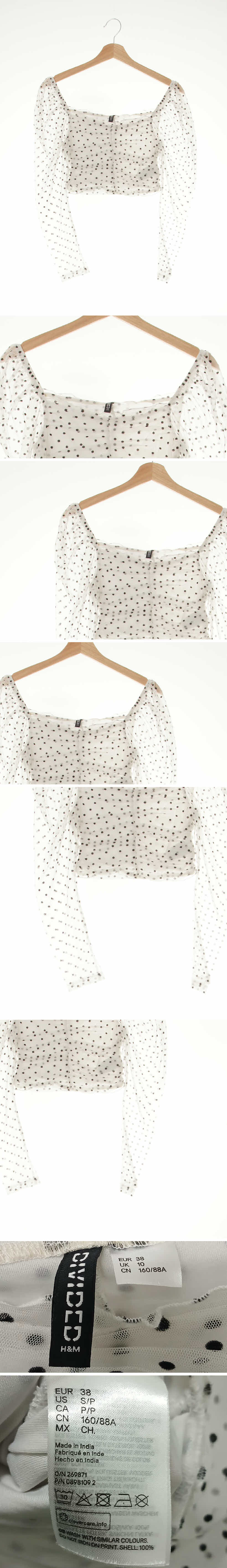 h&m 화이트 플록도트 스퀘어넥셔링크롭메쉬블라우스