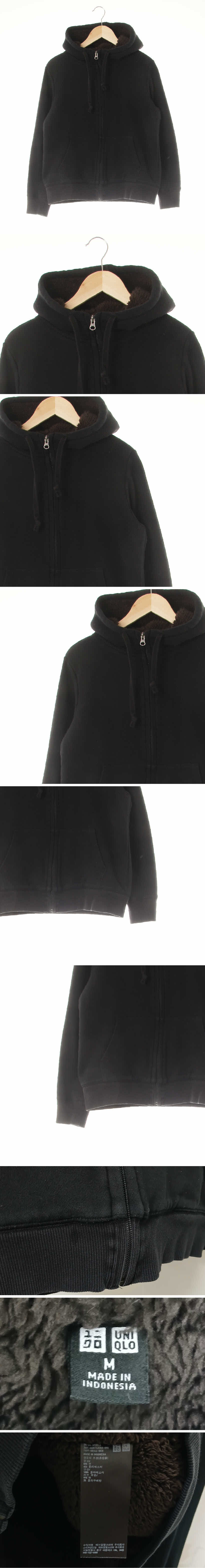 유니클로 블랙 면혼방 포켓하이넥후드집업