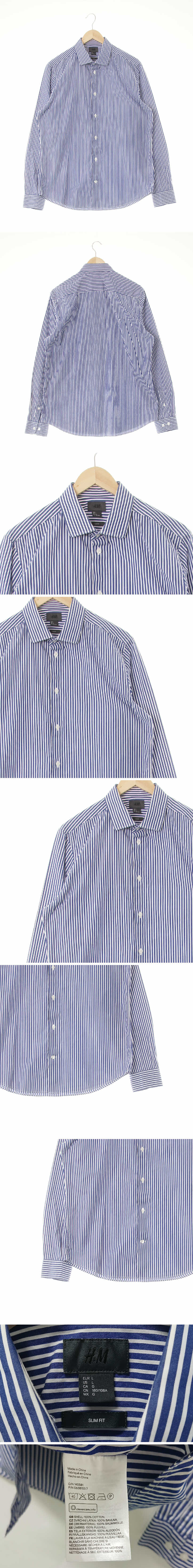 h&m 와이드카라백대비셔츠 h&m 다크블루 스트라이프 면 와이드카라백대비셔츠