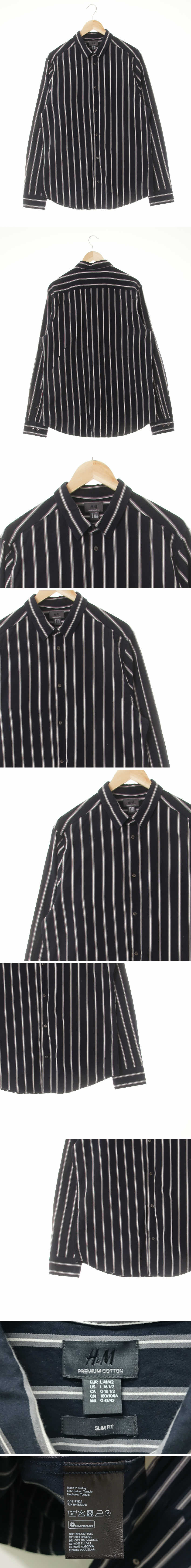 h&m 다크네이비 스트라이프 면 백대비긴소매셔츠