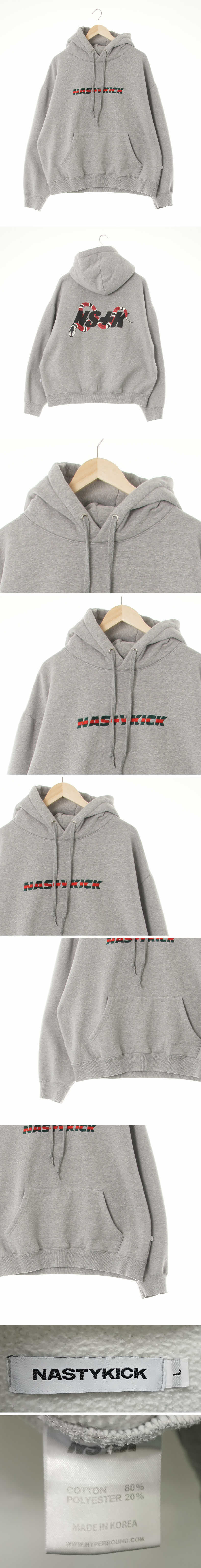 nastykick 멜란지그레이 면혼방 컬러배색중앙로고기모후드티