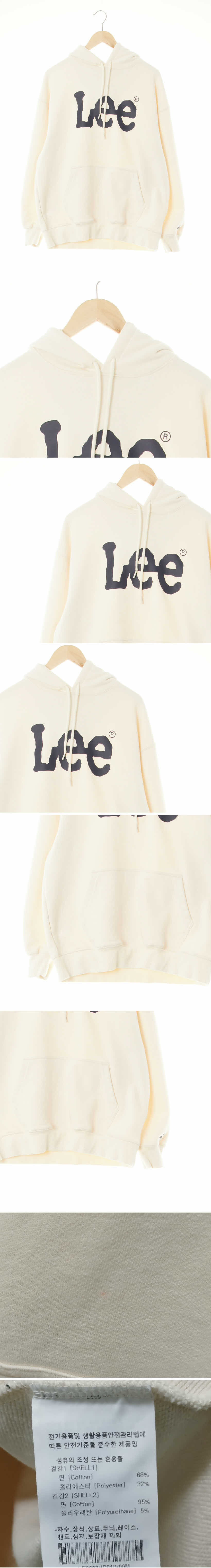 Lee 아이보리 프린팅 면혼방 중앙빅로고캥거루포켓후드티