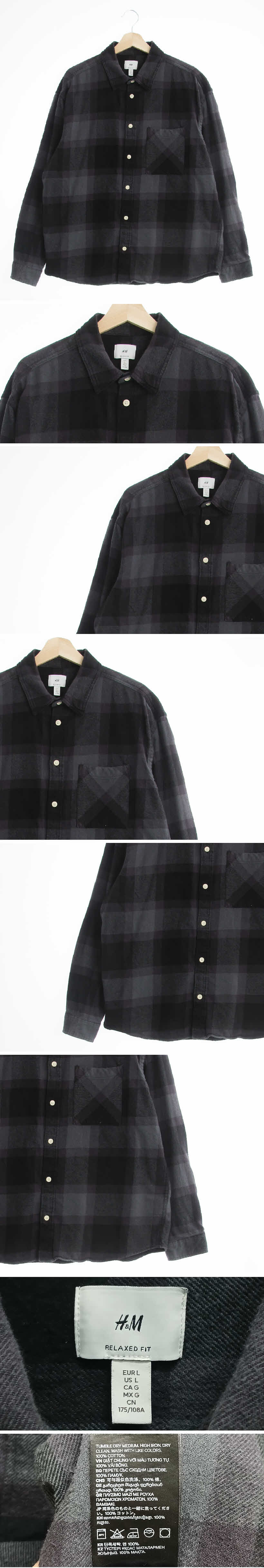 h&m 차콜블랙 체크 면 릴렉시드핏웜셔츠