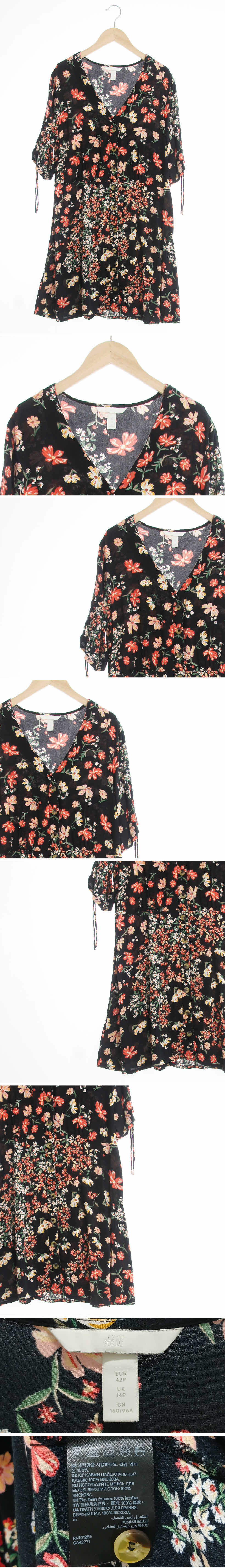 h&m 소매셔링브이넥원피스 h&m 블랙 플라워패턴 소매셔링브이넥원피스