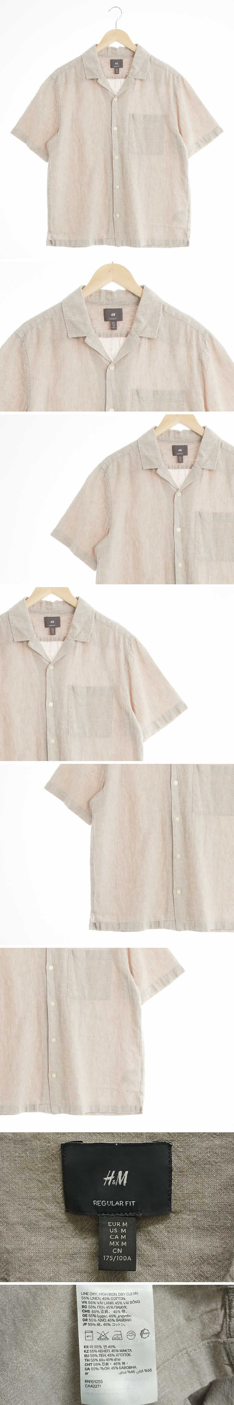 h&m 가슴싱글포켓반팔셔츠 h&m 베이지 린넨혼방 가슴싱글포켓반팔셔츠