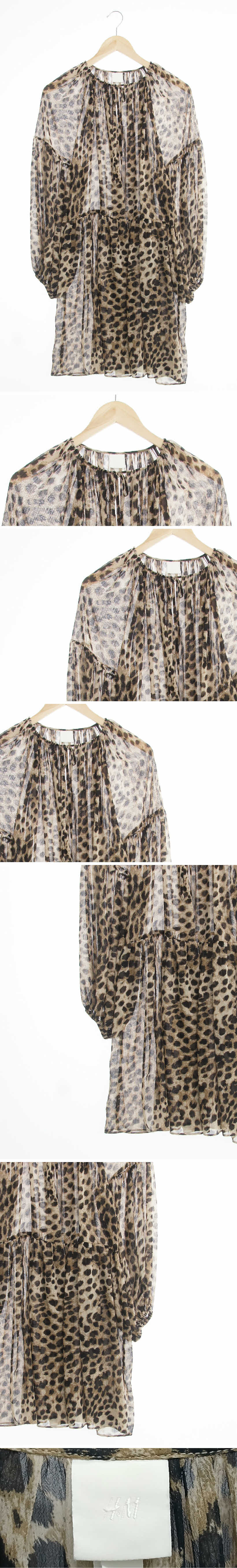 h&m 브라운 레오파드패턴 퍼프슬리브시스루롱블라우스