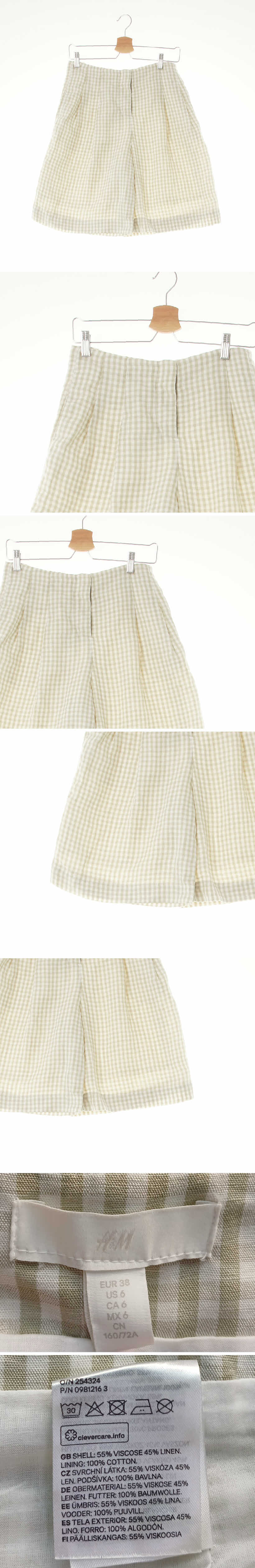 h&m 릴리패드그린화이트 체크 린넨혼방 a라인핀턱반바지