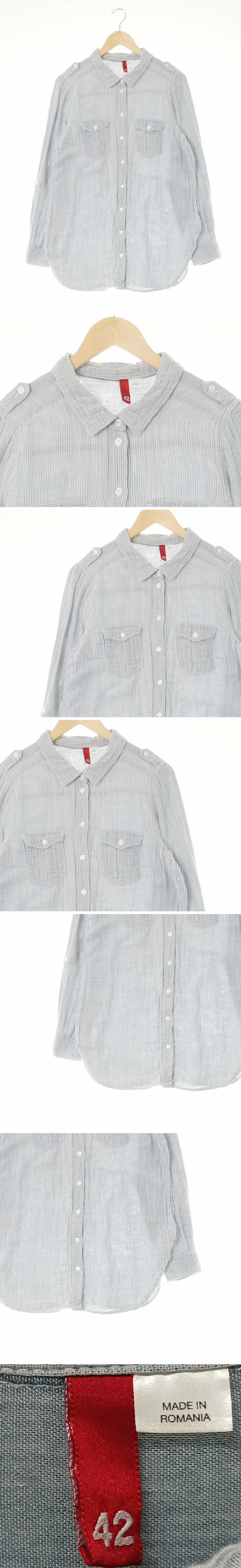 h&m 애쉬블루 스트라이프 면 더블포켓숄더탭셔츠