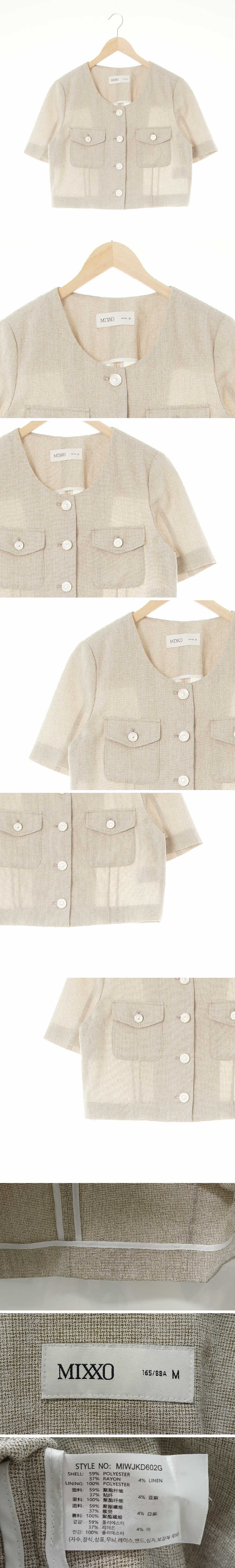 mixxo 트위드크롭숏슬리브재킷 mixxo 베이지 체크 린넨혼방 트위드크롭숏슬리브재킷