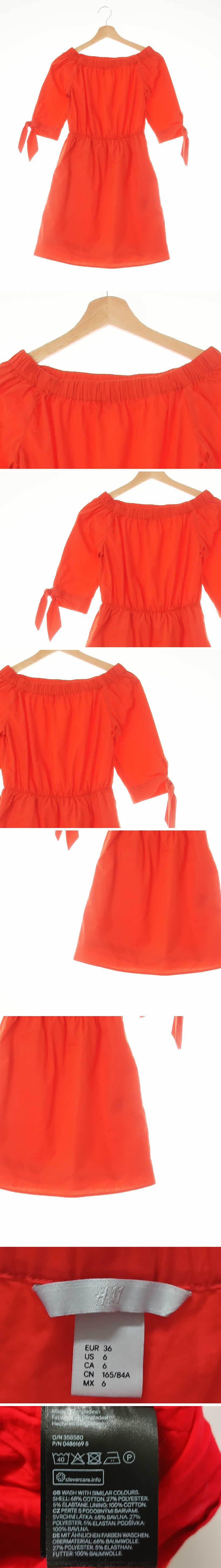 h&m 비비드체리레드 면혼방 오프숄더밴딩7부리본타이원피스