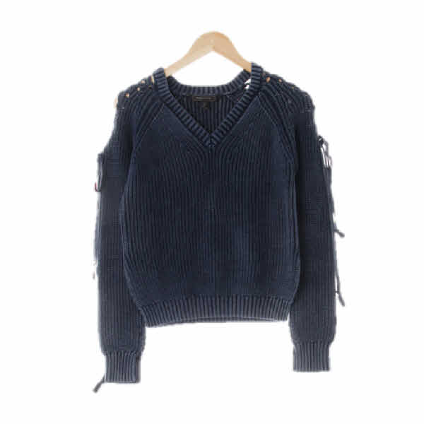 bcbg 애쉬네이비 꽈배기패턴 면 숄더타이트임니트티