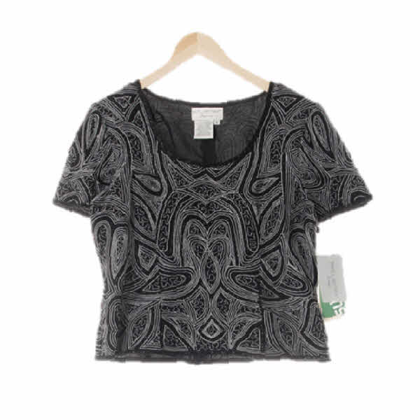 papell boutique 블랙 기하학패턴 실크 비즈자수반소매블라우스
