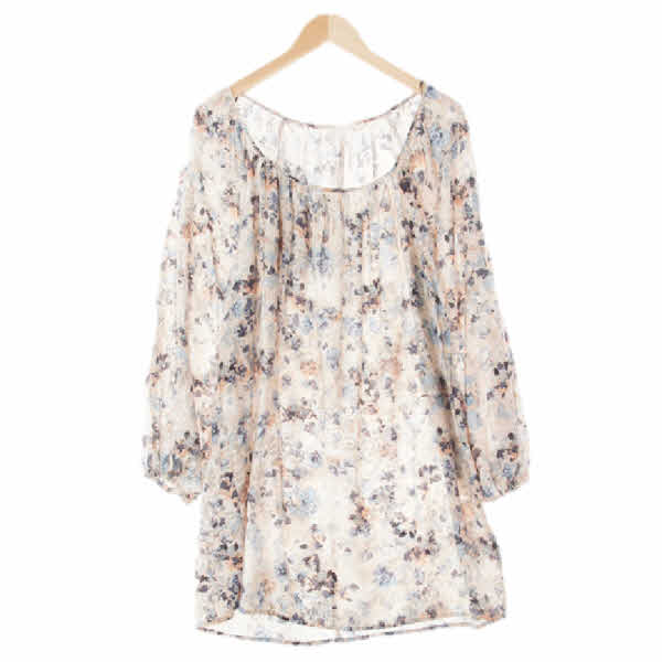 h&m 베이지네이비 추상패턴 핀턱보트넥루즈핏롱블라우스