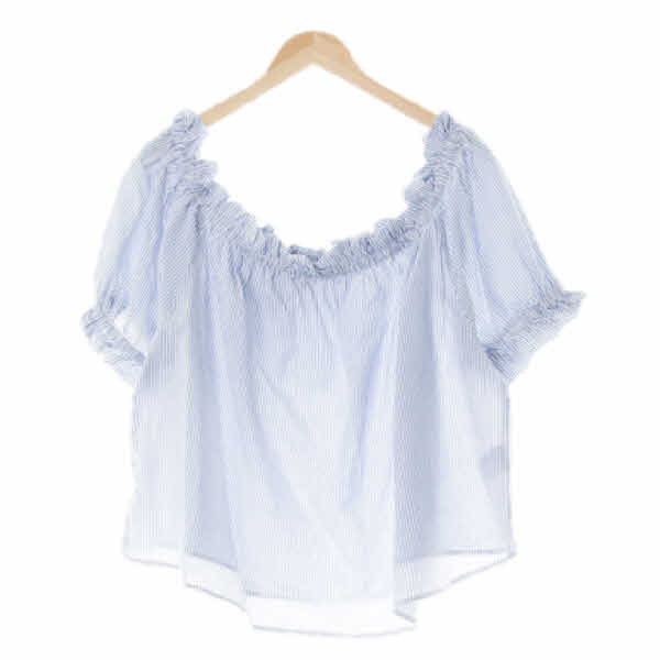 h&m 라이트블루 스트라이프 면 셔링퍼프오프숄더반팔블라우스