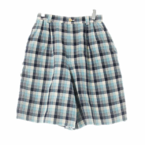 버버리 다크네이비스카이블루 체크 울 핀턱모직하프팬츠