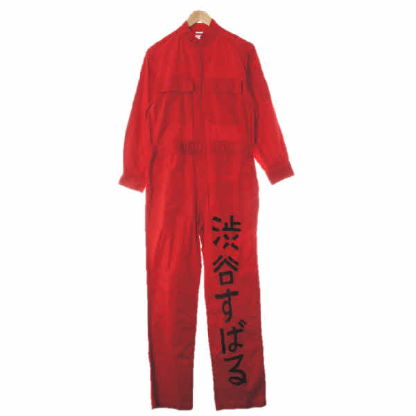 레드 면 하프지퍼일본어레터링점프수트