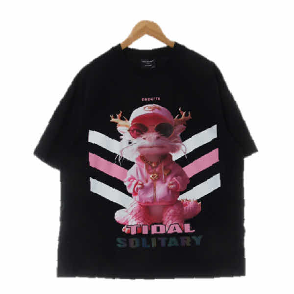 tidal solitary 블랙 프린팅 면혼방 루즈핏크루넥반팔티