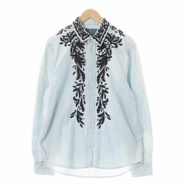 h&m 연청 식물패턴 면 자수데님셔츠