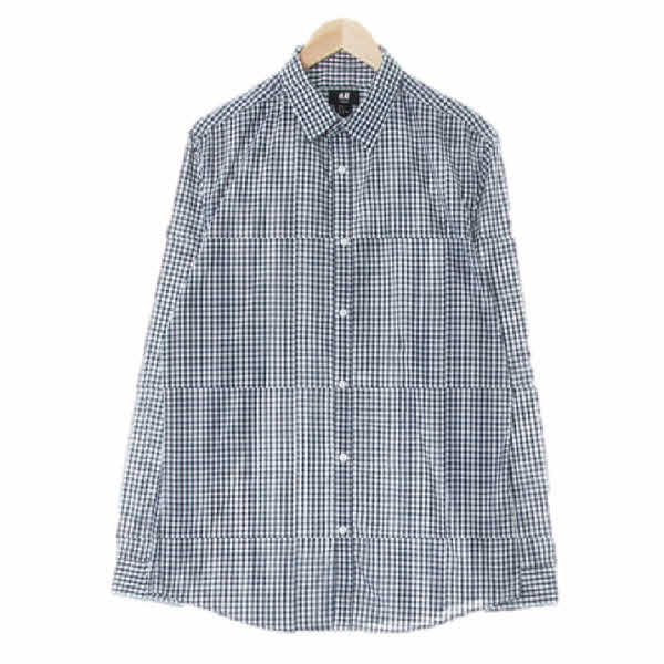 h&m 네이비화이트 체크 면혼방 슬림핏긴팔셔츠