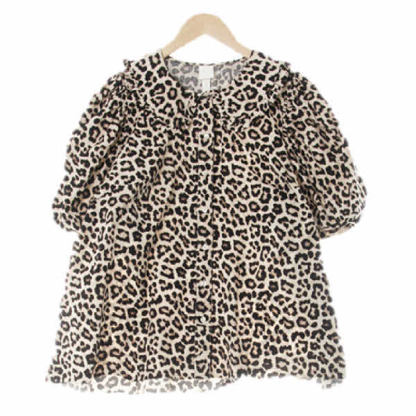 h&m 베이지블랙 레오파드 커팅소매빅퍼프블라우스