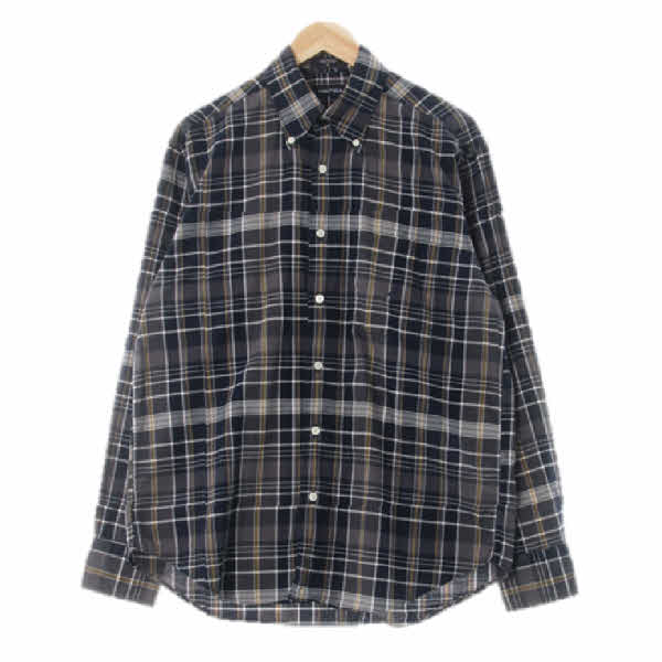 nautica 네이비차콜옐로우 체크 면 스몰자수로고포켓긴팔셔츠