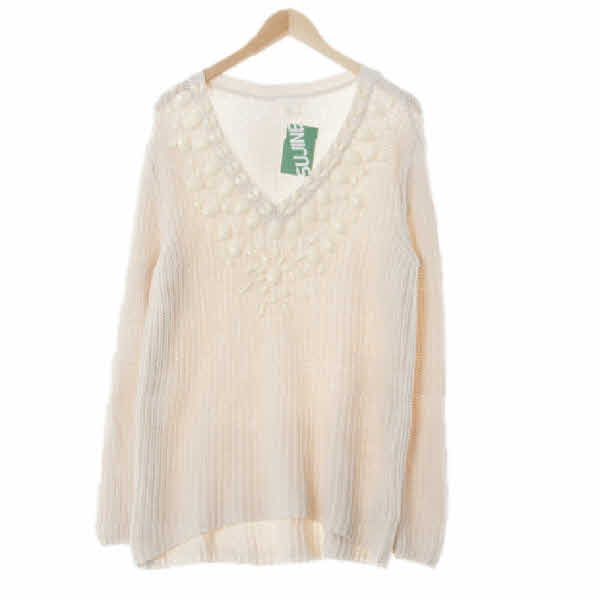 h&m 라이트퍼즈베이지 꽈배기패턴 면혼방 비즈큐빅브이넥니트