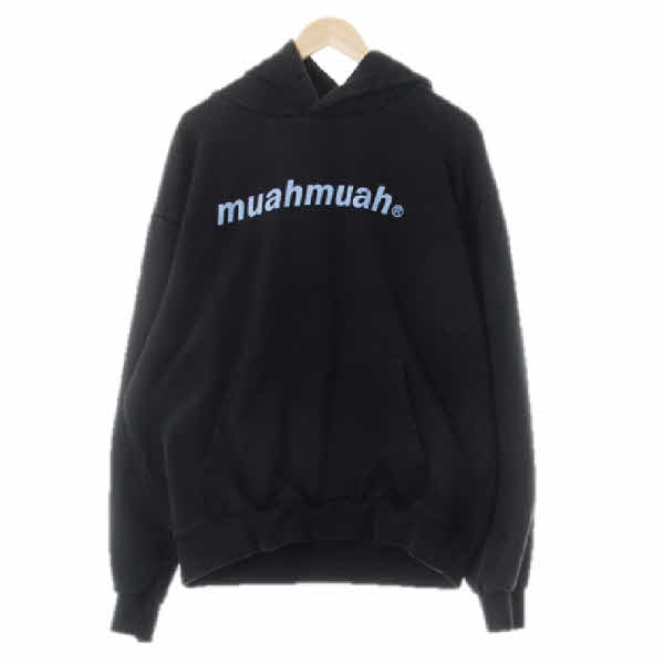 muahmuah 블랙 프린팅 면 센터로고후드티