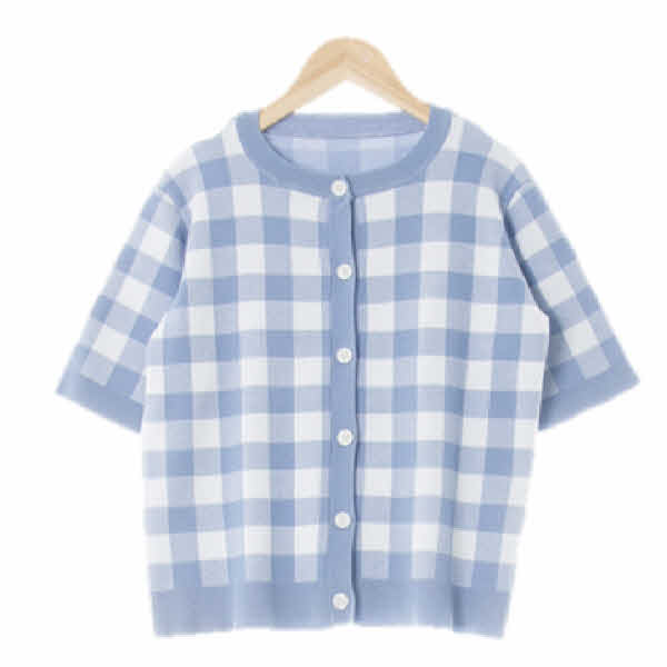 celebshop 라이트블루 체크 나일론혼방 라운드넥반팔크롭버튼가디건