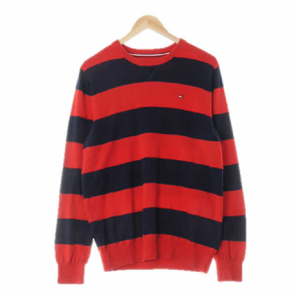 타미힐피거 레드네이비 스트라이프 면 투톤라운드니트