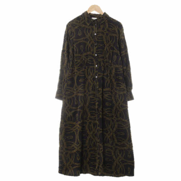 h&m 블랙 격자무늬리본패턴 비스코스 올리브카라맥시셔츠원피스
