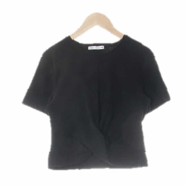 자라 블랙 면혼방 밑단꼬임핀턱크롭반팔티
