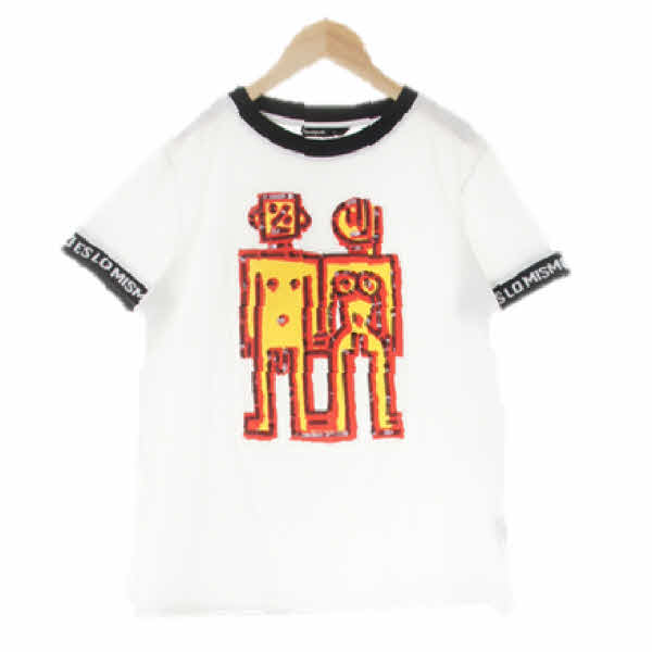 desigual 화이트 성인남녀프린팅 면 블랙배색비즈반팔티