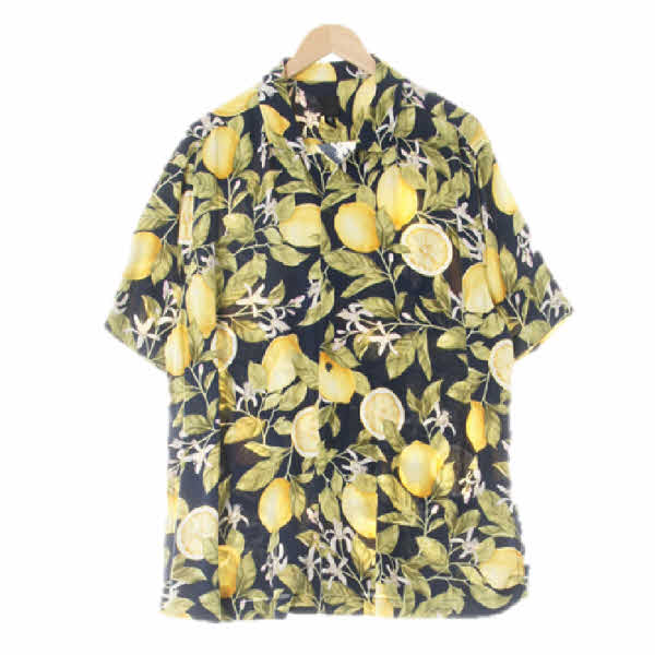 h&m 네이비 레몬플로럴패턴 슬릿넥루즈반팔셔츠
